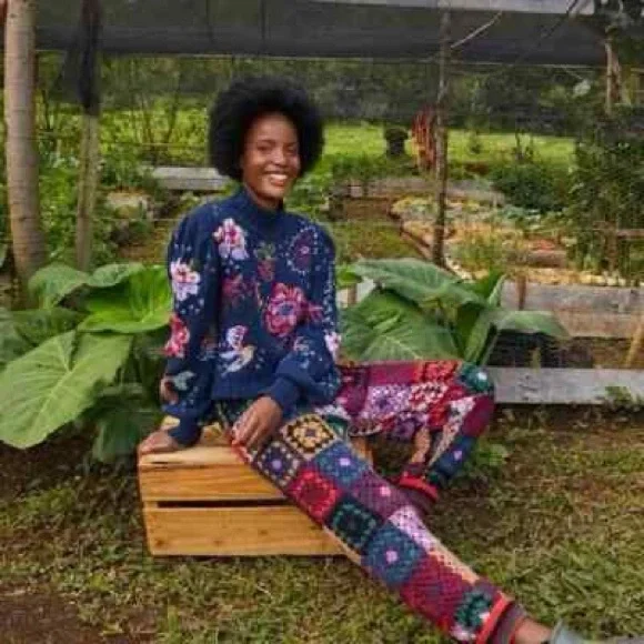 NWT FARM RIO Mosaic crochet granny square Colorful Patchwork Knit Pants medium